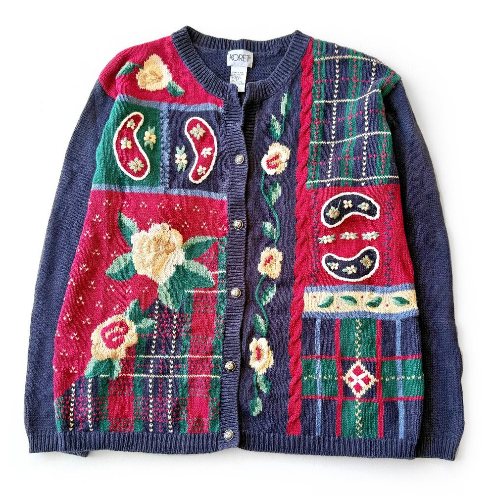 Vintage Koret, Cardigan / Floral, Tartan, Plaid, Paisley Patterned Knitwear